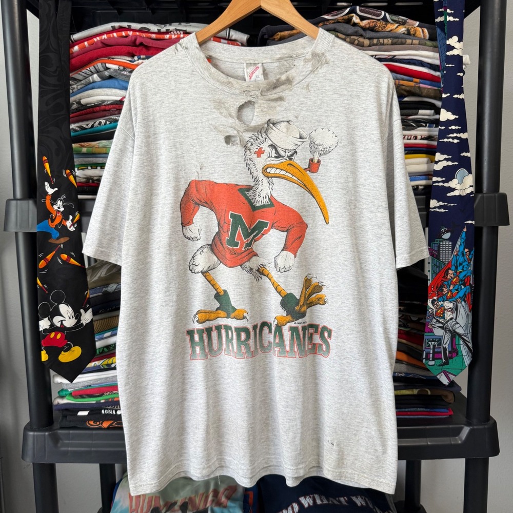 Vintage 90s Grey Miami Hurricanes Sebastian Ibis T Shirt XL Heavy Thrashing